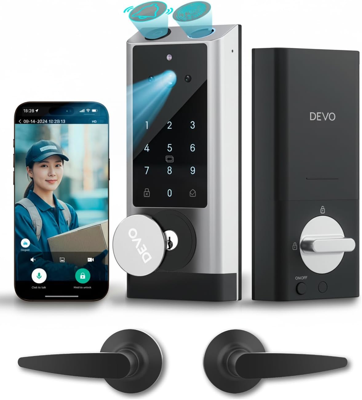 Devo G1 Video Smart Lock with Camera & Doorbell, 6-in-1 Fingerprint Keyless Entry Door Lock for Front Door, App Remote, Auto Locks, Wi-Fi Smart Deadbolt, Easy Install, Waterproof, Silver(Handle)