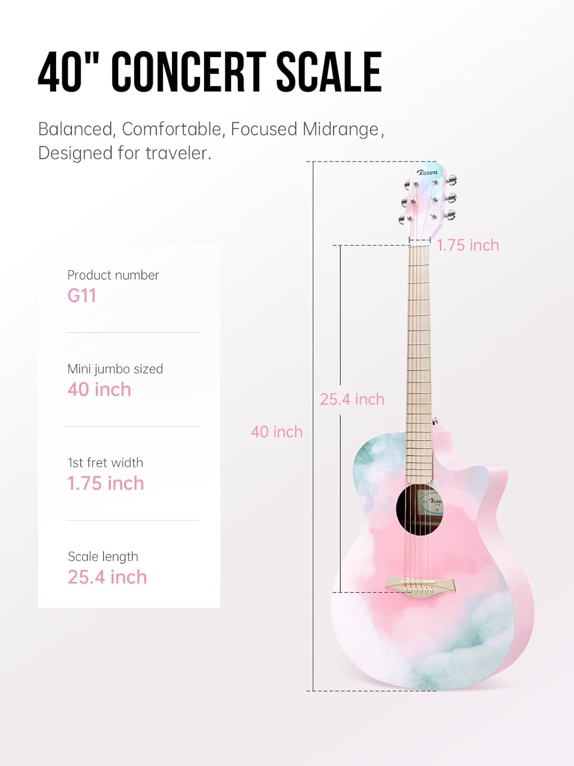 Rosen G11 Acoustic Guitar for Beginners Adult, Teens, Steel-String Acustica Guitarra 40 Inches Spruce Guitars Starter Kits with Gig Bag, Tuner, Strings, Picks, Guitar Books,Colorful Pink