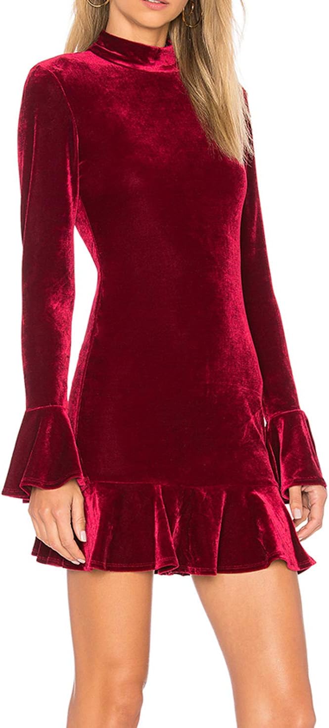 R.Vivimos Autumn Winter Women Long Sleeve Velvet Bodycon Mini Dress Mock Neck Ruffle Sexy Short Dress