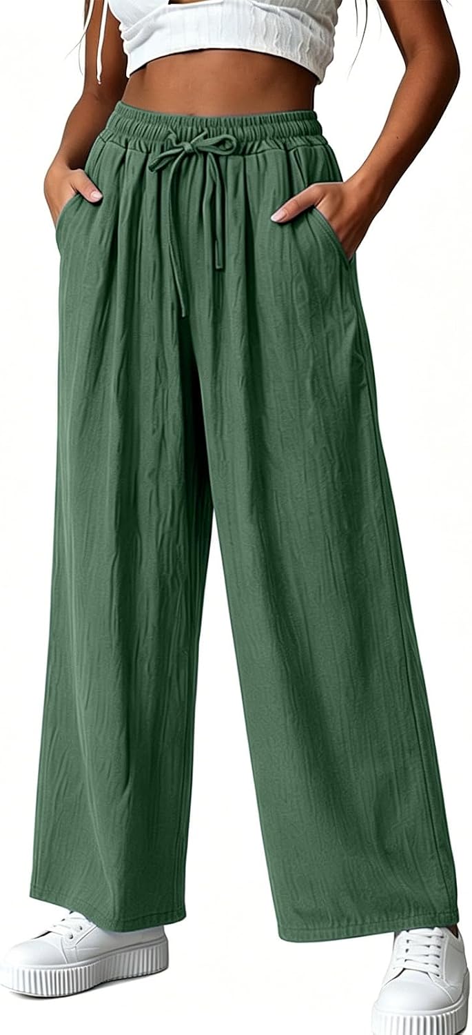 Wide Leg Cotton Linen Pants for Women Casual High Waisted Palazzo Pants Lightweight Summer Flowy Beach Trousers