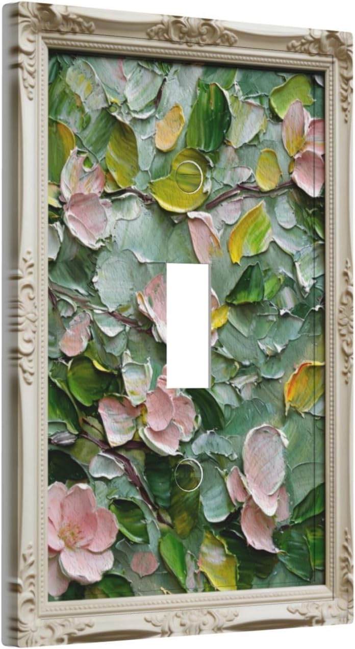 Rougui Vintage Camellia Floral Toggle Switch Plate Cover | Carved white frame, impasto pink camellia & green leaves. Fresh spring charm for bedroom, living room. Std toggle fit.