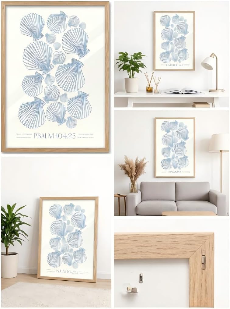 RYZopmuy Framed Wall Art, Blue Seashell Psalm 104:25, Coastal Decor, 8x10 Inch, for Living Room, Bedroom, Bathroom