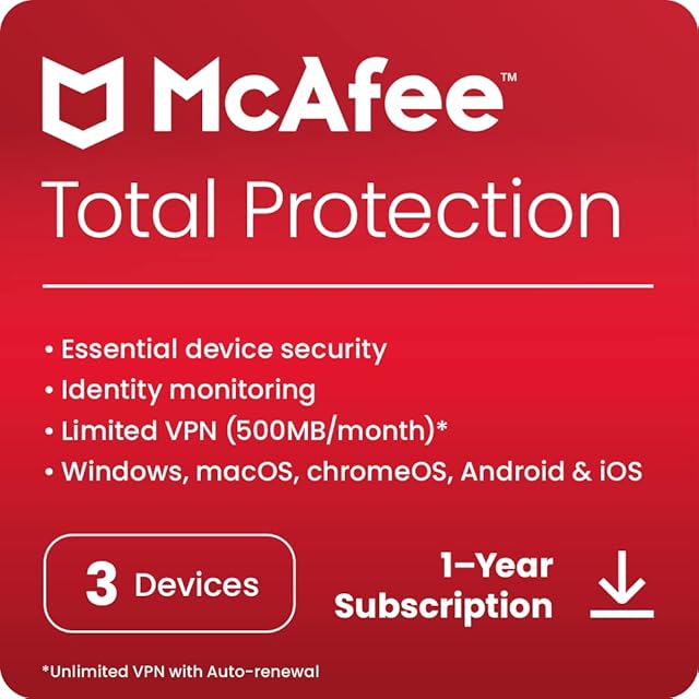 McAfee Total Protection 2023 | 3 Devices | Antivirus Internet Security Software | VPN, Password Manager | 1 Year Subscription | Activation Code by email