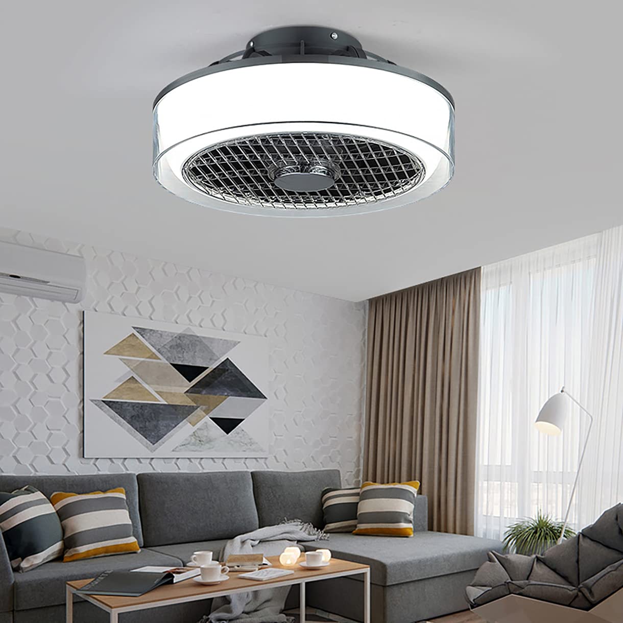 Ventilateur de plafond avec éclairage LED télécommandé et 3 vitesses réglables pour le salon