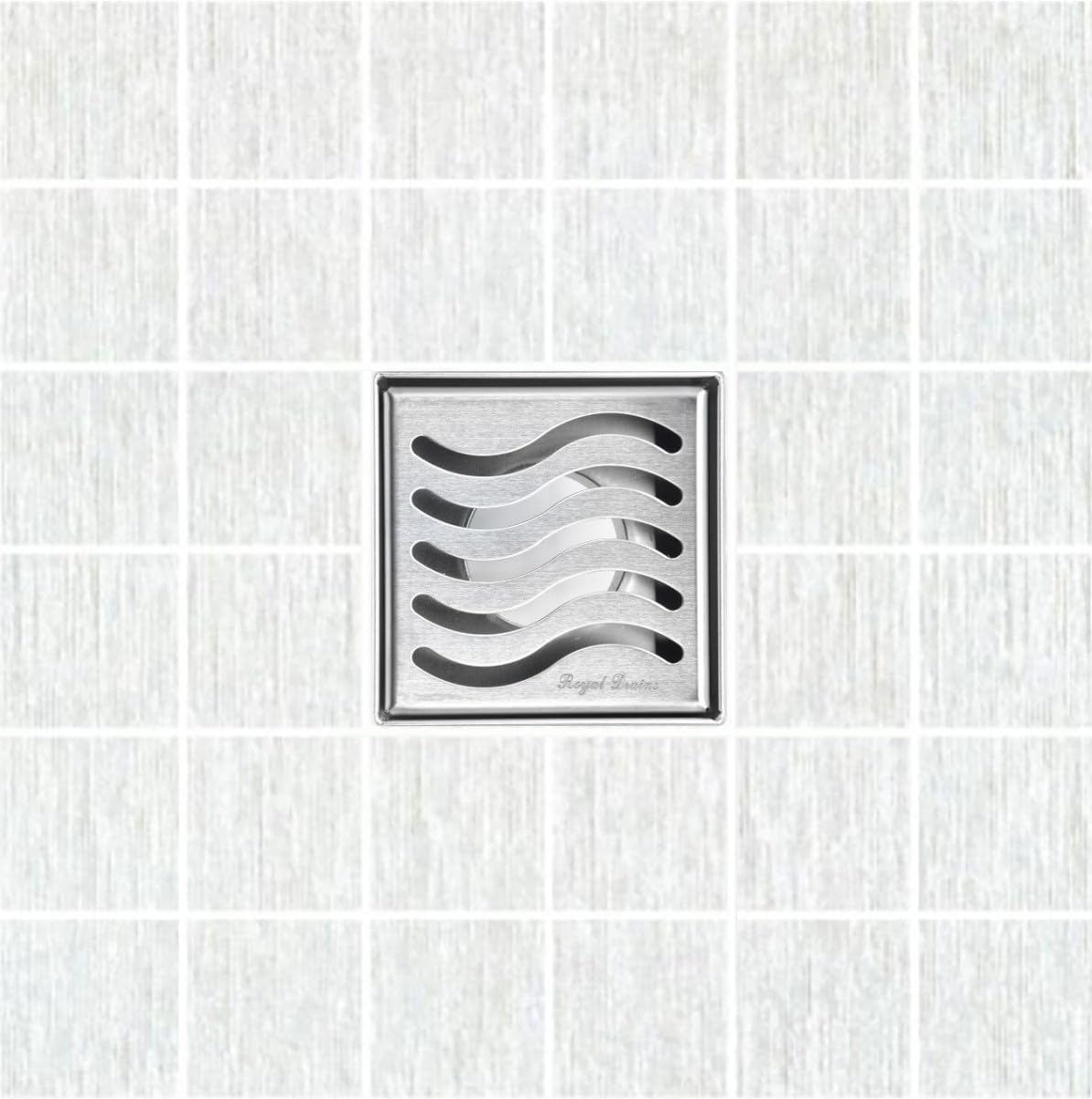 SereneDrains 304 Stainless Steel 4 Inch Brushed Nickel Square Shower Drain Kit for Tile Floor Drain Grate Cover Hair Catcher Trap Strainer Filter (Brushed Nickel, Ocean Wave Design)