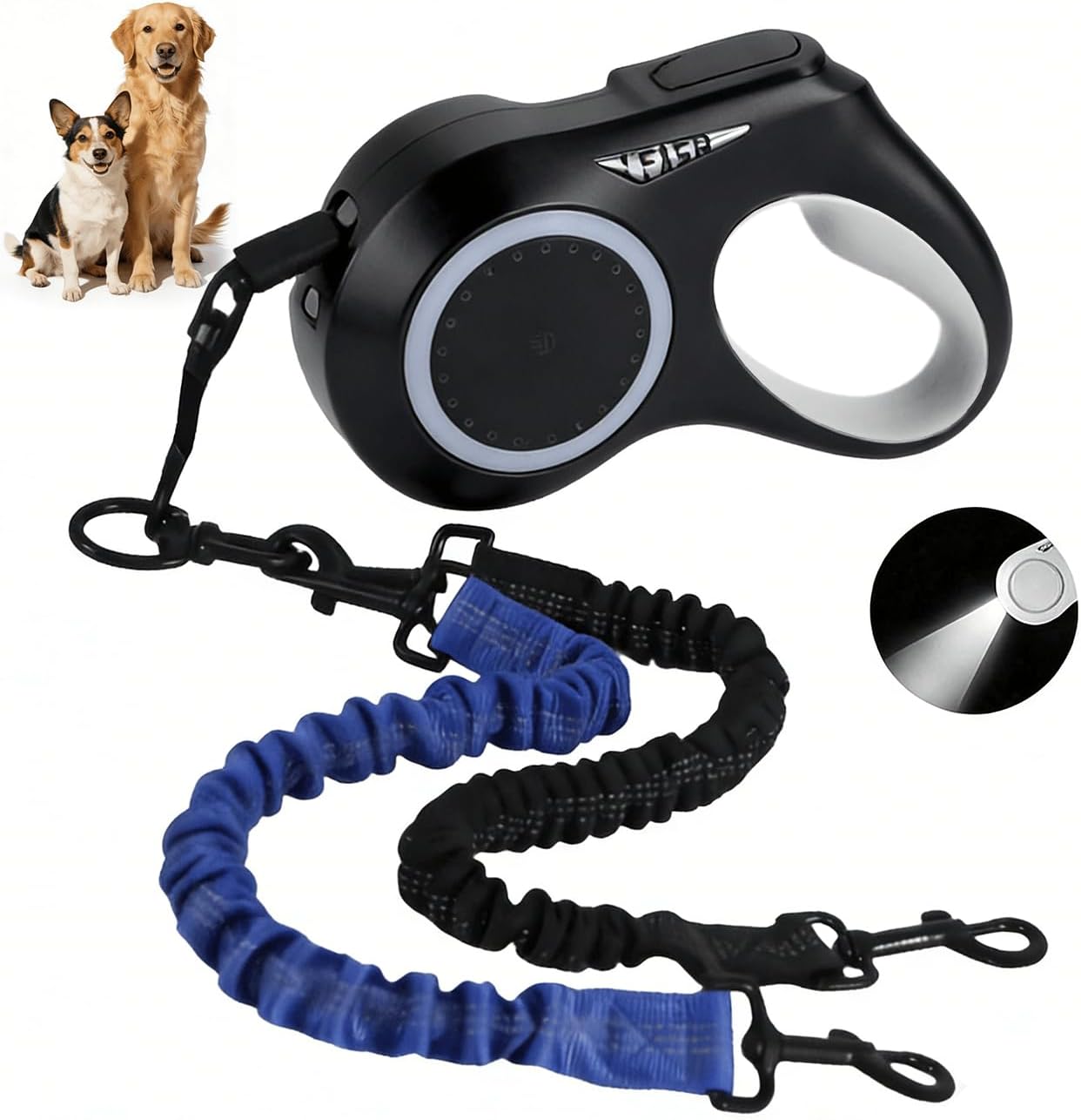 16.4ft Dual Retractable Dog Leash for Small to Large Dogs 25–55 lbs, USB Rechargeable LED Light, 360° Tangle-Free, Detachable Front Lead & Emergency Ready, Reflective Elastic(Black)