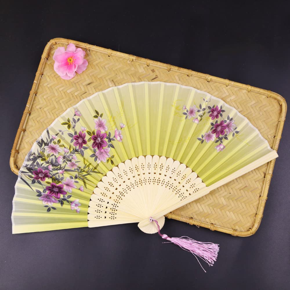 Abanico Plegable,Abanico Plegable De Mano Para Mujer Estilo Chino Vintage Flor De Orquídea Verde Hierba Abanicos De Mano De Tela Sedosa Abanicos De Huesos De Bambú Huecos Para Fiesta De Verano Baile
