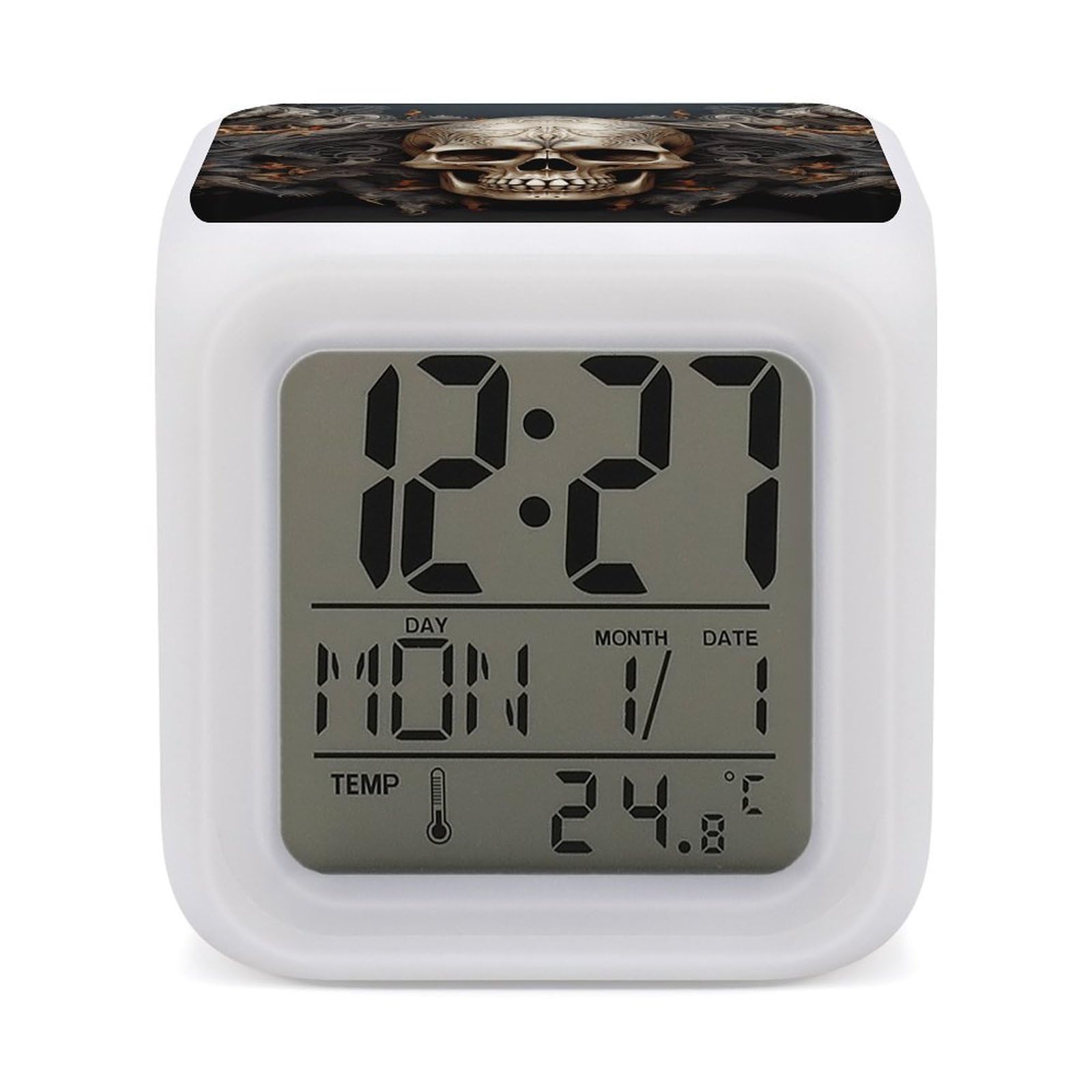 VstaDank Skulls Alarm Clock for Bedrooms Small Clocks with 7 Color Night Light Desk Clock with Large Numbers Loud Wake Up Timer Ideal for Gift & Room Decor