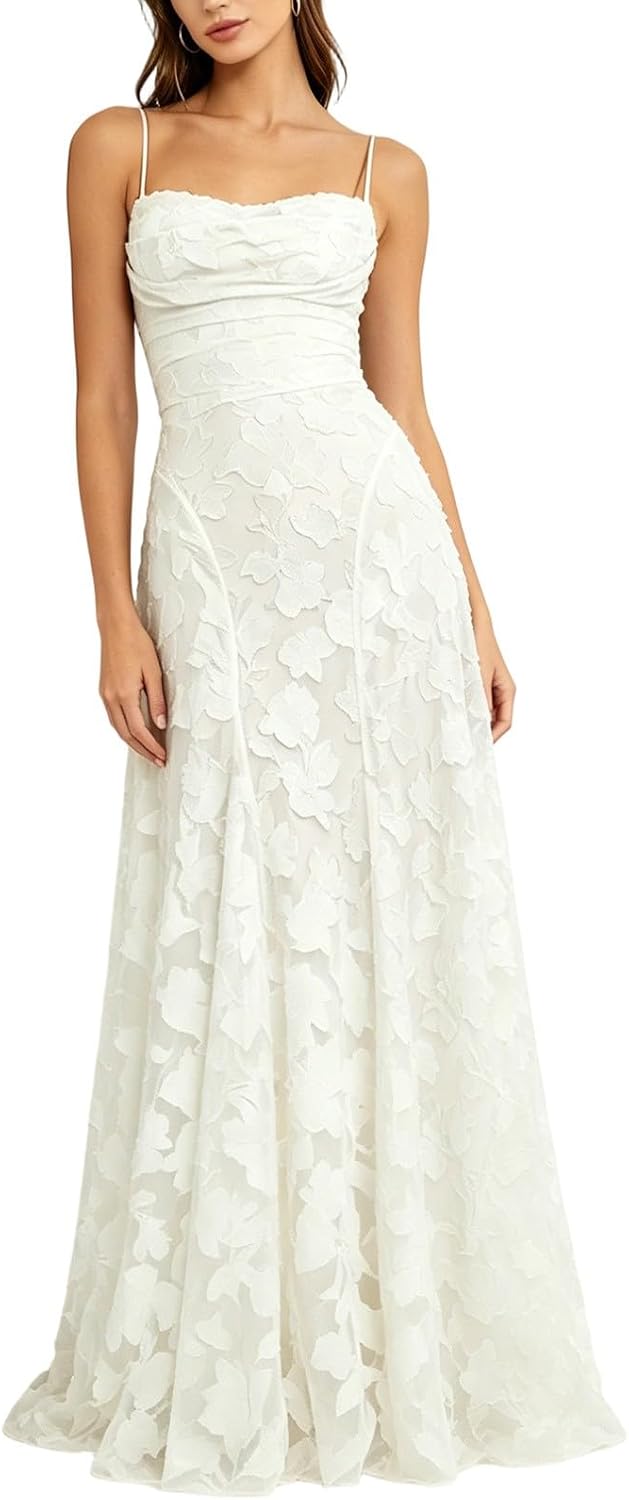 Women's Floral Lace Maxi Evening Dress Spaghetti Strap Prom Gowns | Ruched Backless Formal Long Dresses for Women, Cocktail Wedding Guest Party Dress Elegant Gown