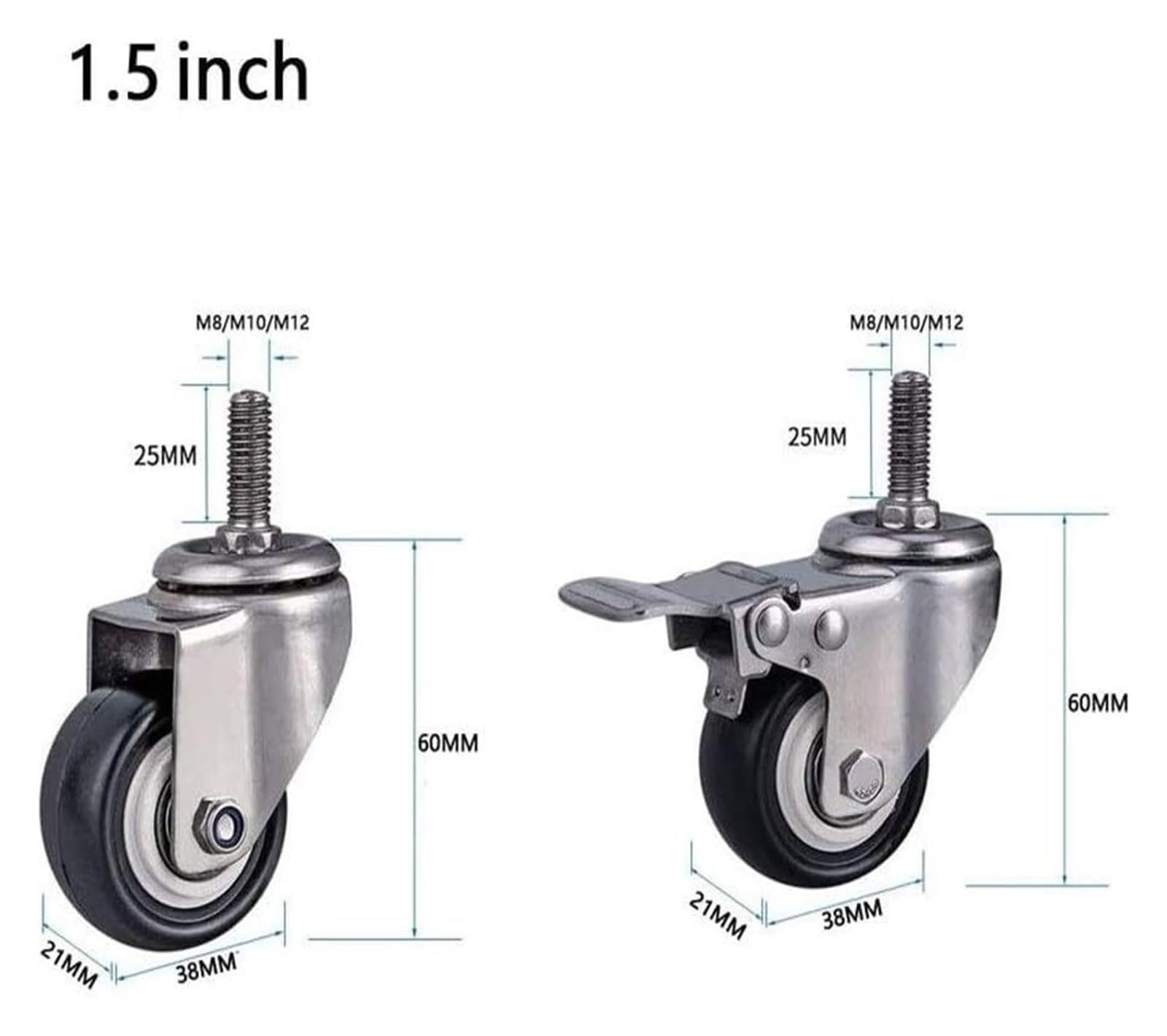 Ruote girevoli, Ruote girevoli, Ruote girevoli, Ruote girevoli con Filettatura M8/M10/M12 per mobili da 1,5''/2 Pollici (50 mm) in PU Silenzioso per impieghi gravosi da 300 kg con 2 Freni +