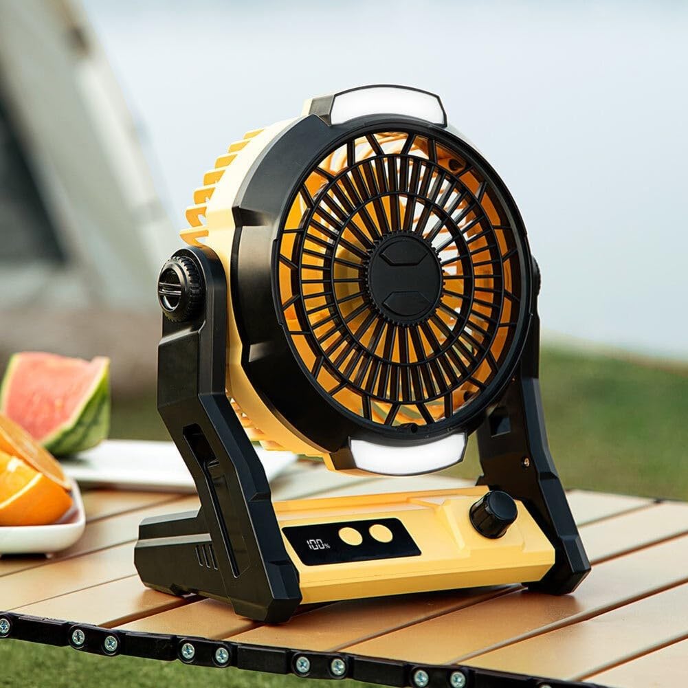 Ventilador portátil de 10000 mAh con iluminación LED de modo dual, temporizador y control de velocidad ajustable para camping y uso al aire libre (gris)