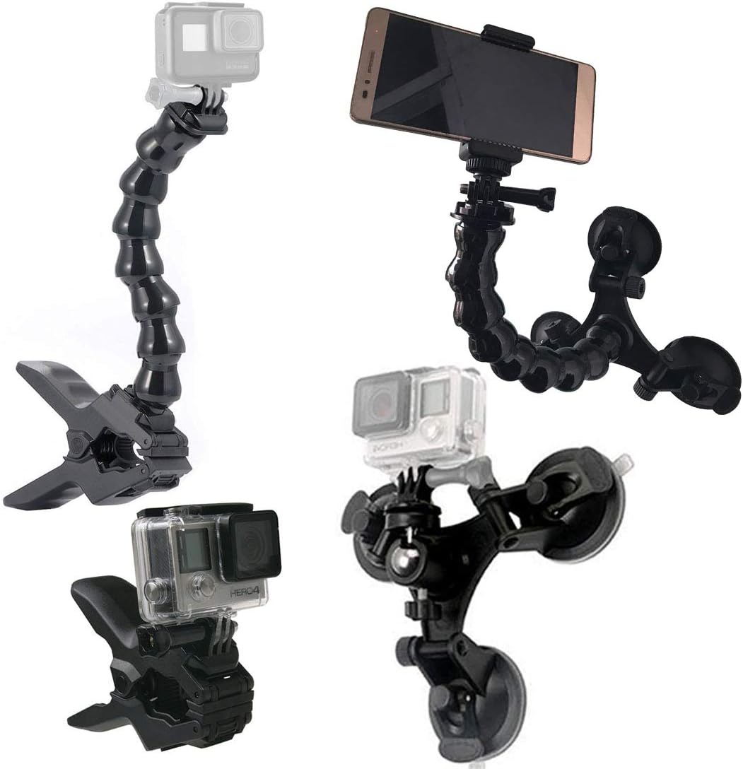 GreatCool Suction Cup Car Mount Holder with 360 Degree Mount+Jaws Flex Clamp Mount with Adjustable Gooseneck Accessories for Compatible with GoPro Fusion Hero Session Action Camera and Cell Phone