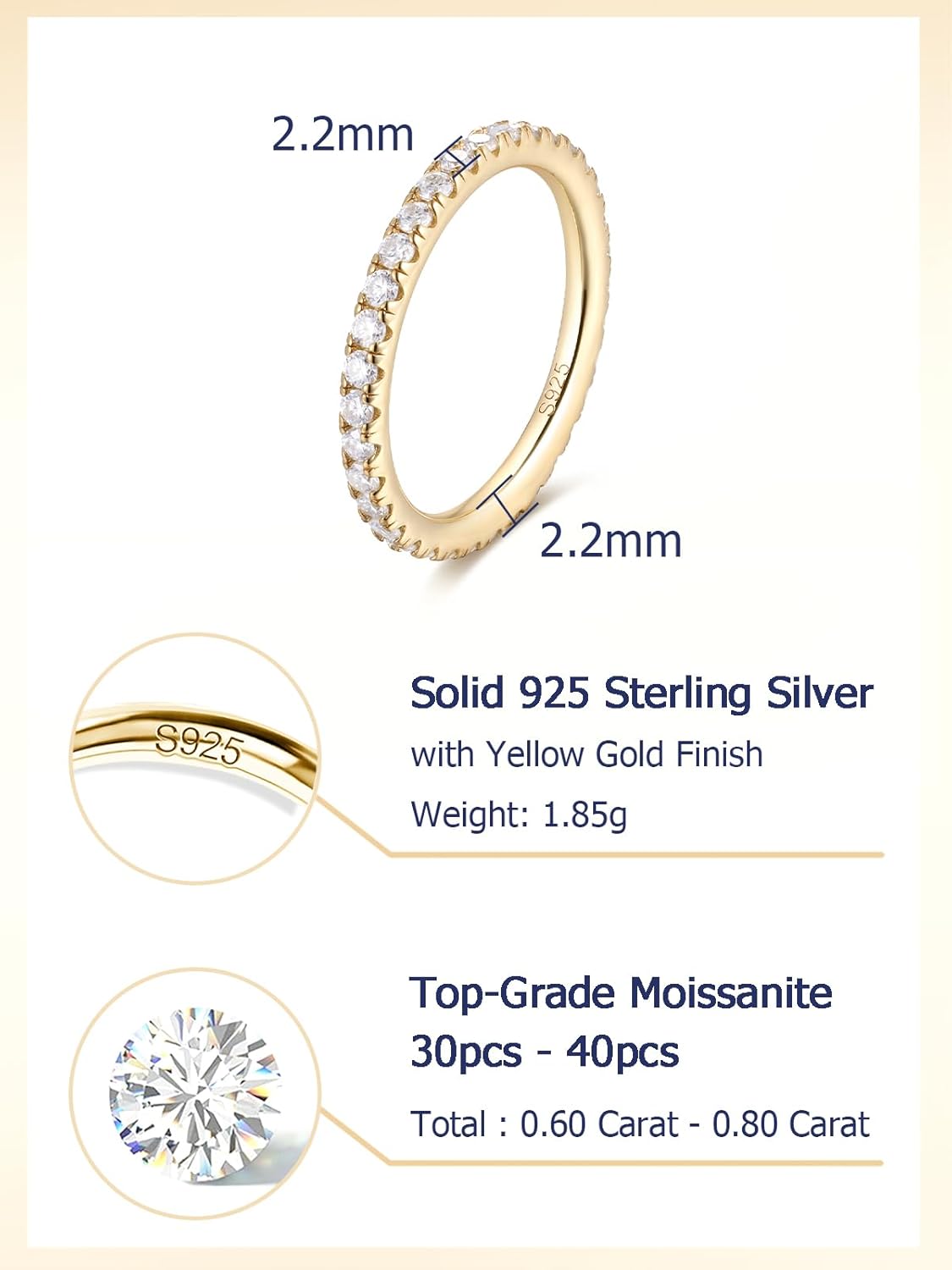 CYW Moissanite Sapphire Ruby Emerald Hand Setting Full Eternity Rings for Women, Solid 925 Sterling Silver, Stackable Ring, Wedding Birthday Valentines Anniversary Mothers Day Ideal Gift for Her