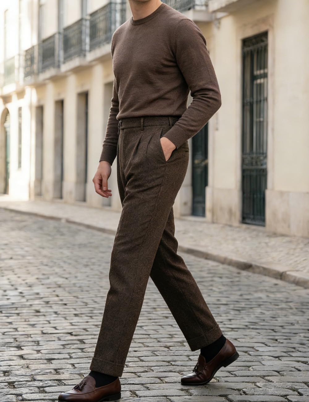 Herringbone Dress Pants for Men, Winter Thermal Business Trousers Classic Straight Fit Herringbone Trousers