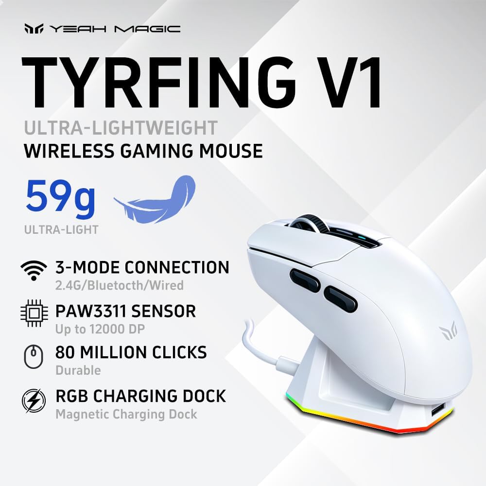 Tyrfing V1 Tri-Mode Wireless Gaming Mouse White image 2