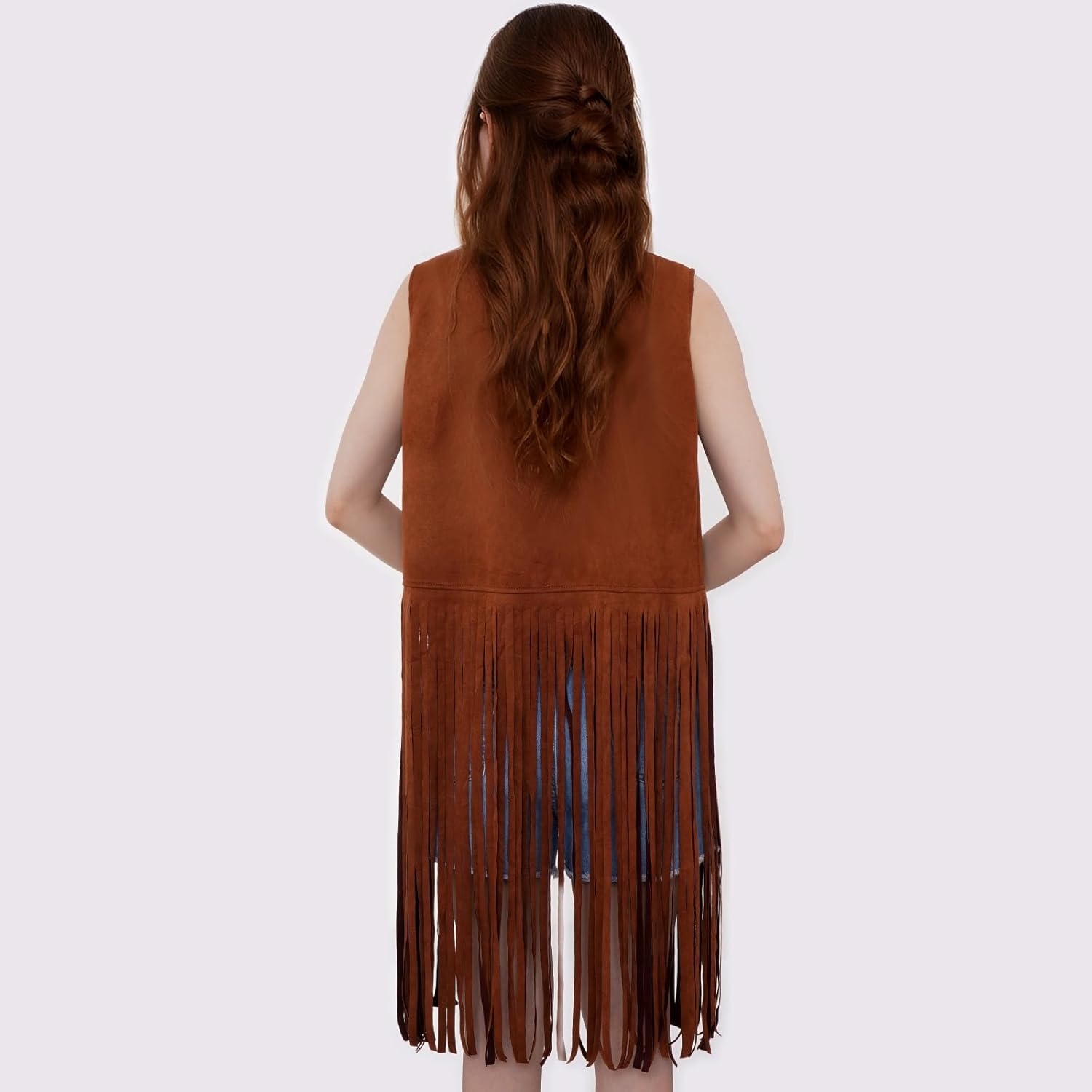 choyaxo Western Fringe Vest Faux Suede Sleeveless Cowgirl Tassel Vest for Halloween Hippie Party - Image 4