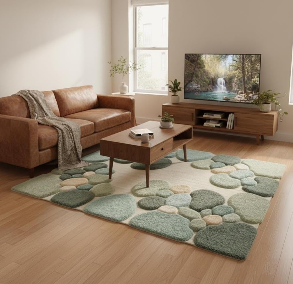 3D Moss Stone Area Rug, Green and Beige, Tufted, Nature-Inspired Living Room Decor (Olive Green, 7' x 10' Feet)