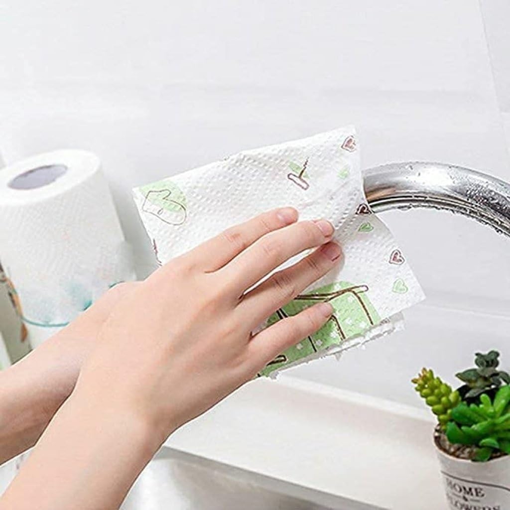 ONISHOMES Non-Woven Reusable and Washable Kitchen Printed Tissue Roll Non-stick Oil Absorbing Paper Roll Kitchen Special Paper Towel Wipe Paper Dish Cloth Cleaning Cloth (Pack Of 1) 50-Sheets 2