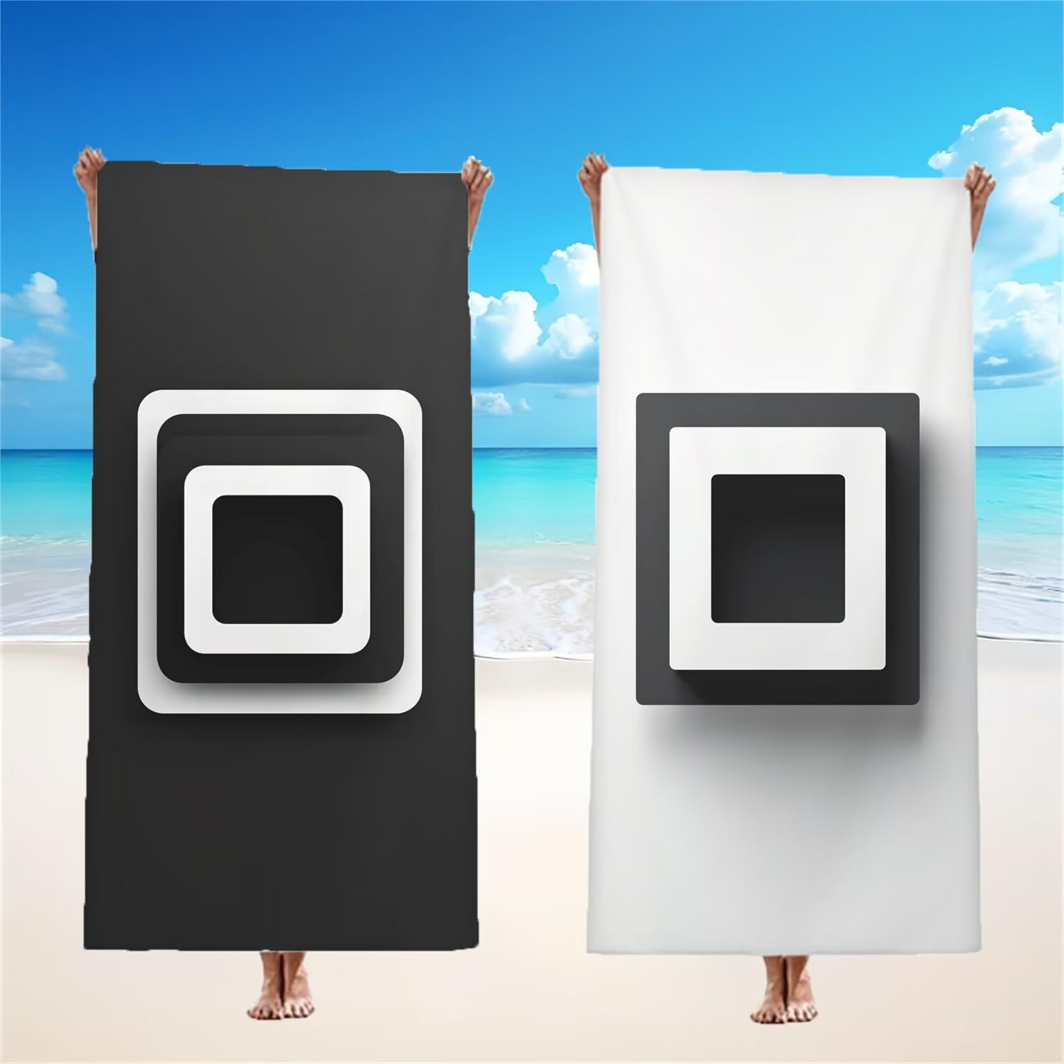 Serviette de Plage 90x200cm, Noir et blanc Serviette Microfibre Lot de 2 Treillis Motif Ultra Absorbantes Séchage Rapide Anti Sable Légère Drap de Plage Design pour Piscine Voyages Sauna, Model986