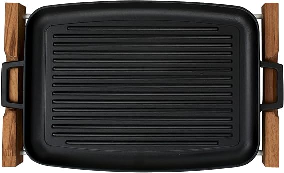 Lava Casting Grill Tray with Grill Surface, Metal Handle, Wooden Stand, 31x42cm