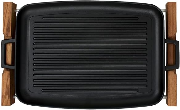 Lava Casting Grill Tray with Grill Surface, Metal Handle, Wooden Stand, 31x42cm