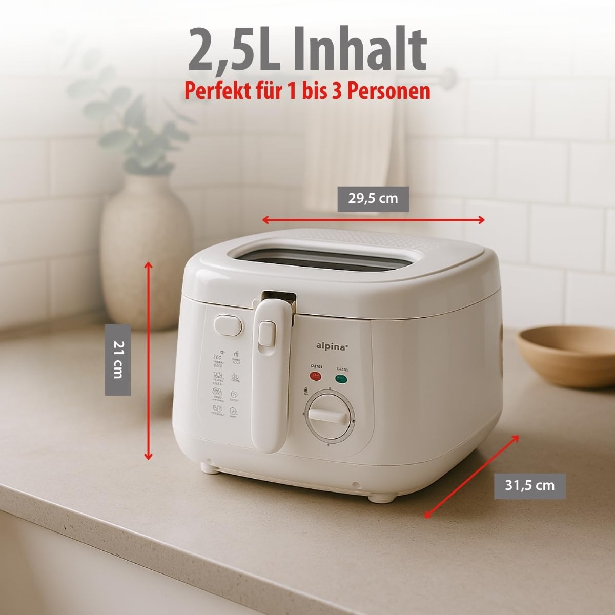 alpina Friteuse 2,5L DF-165 - Friteuse mit Fett 1800W - Einstellbare Temperatur bis 190°C - für 2 bis 3 Personen - mit Antihaftbeschichtung und Kontrollleuchte - Weiß, Weiss