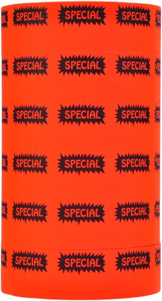 Black Reverse Starburst Print on Fluorescent Red Special Pricing Labels to fit Monarch 1151 1152 1153 1175 1176 and 1177 Pricers. 6 Rolls with 1 Free Ink Roller.