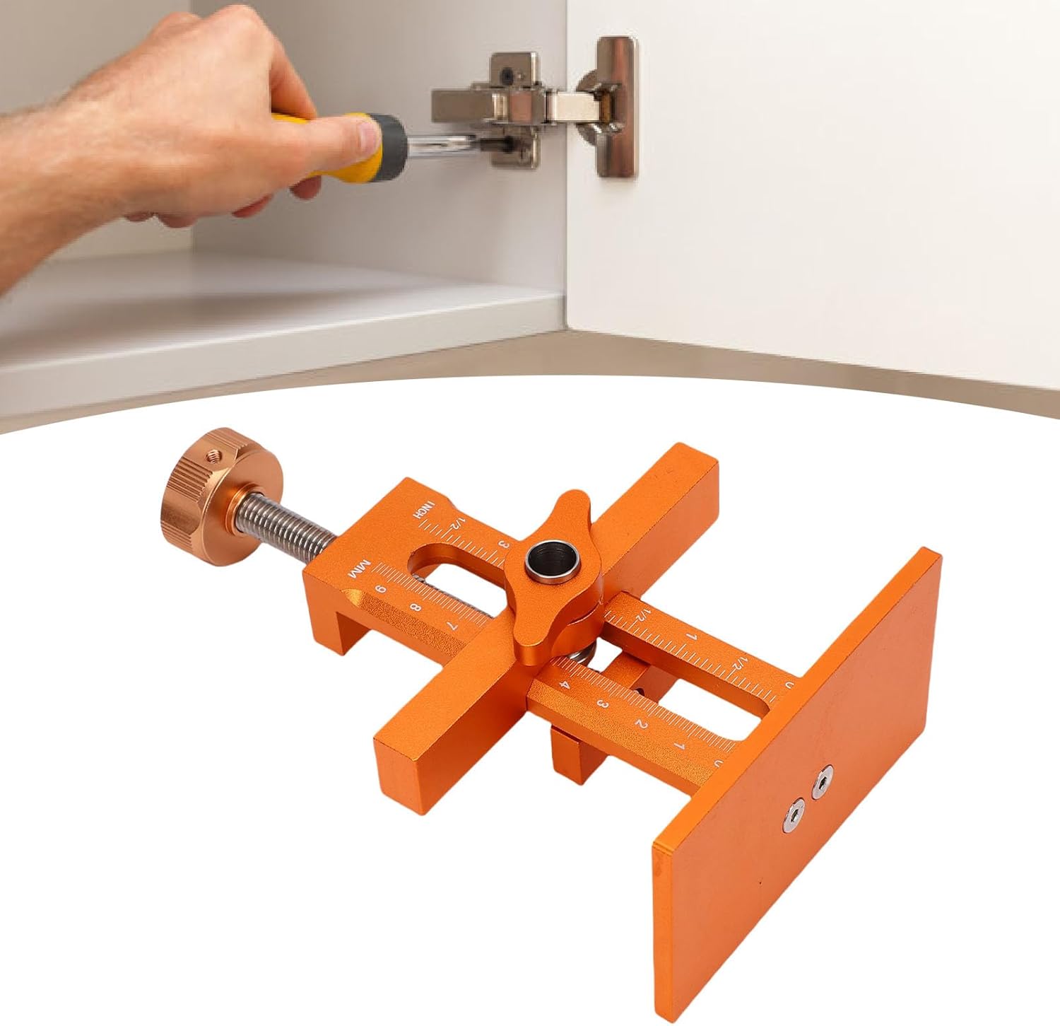 Cabinet Door Mounting Jig with 10mm Rebound Device Mounting Hole, 0-30mm Adjustable 7-40mm Clamping Cabinet Door Installation Positioner with 3 Drill Bits