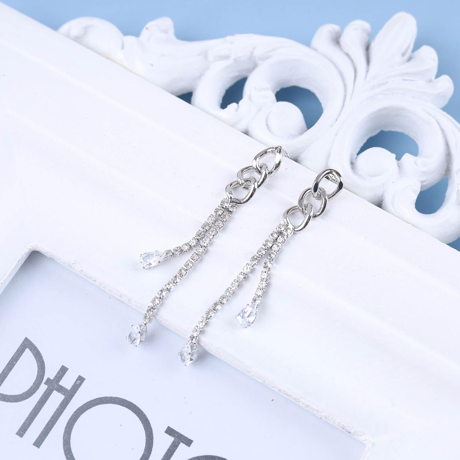 Andelaisi Boho Rhinestone Tassel Chandeliers Earrings Silver Long Crystal Chain Earrings Long Crystal Cz Drop Earrings Bling Cz Tassels Chain Earrings Jewelry for Women - Image 6