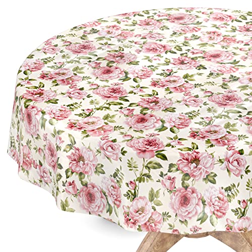 Nappe en toile cirée lavable, ronde, bord coupé, motif fleurs Nathalie, facile d'entretien, 140 cm