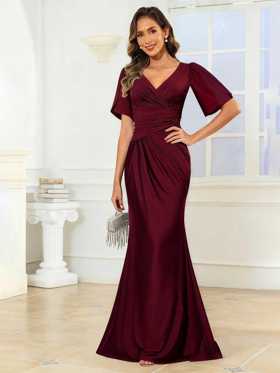 Satin Mother of The Bride Dresses for Women Long Ruched V-Neck Formal Dress Mermaid Mother Groom Dresses - Image 4