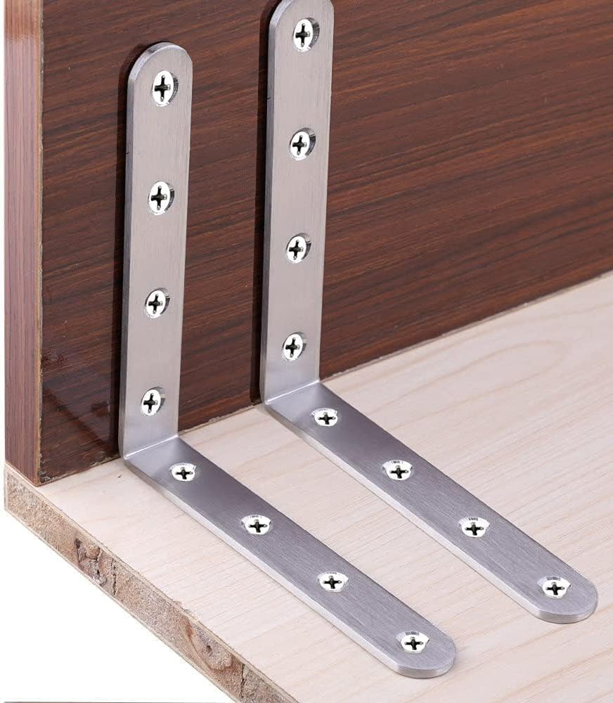 4 Pack Flat Mending Plate for Wood, Stainless Steel Straight Brackets Flat Repair Fixing Wood Brace Joining Plates Connector with Fixing Screws (8, L-Shaped Bracket 0.78*2.55*2.55in)