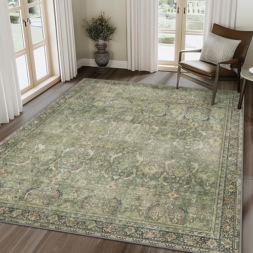 BESBLEE Teppich, maschinenwaschbar, für Wohnzimmer, Schlafzimmer, Flur, rutschfest, für den Innenbereich, weicher Akzent, Used-Look, Boho, Vintage-Druck, leicht, dünn, Niederflor-Teppich, Grün, 20,3 x