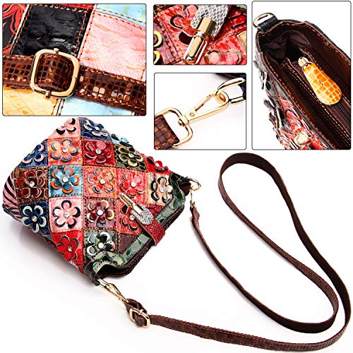 Image of Women 3D Floral Multicolor Small Crossbody Bag Genuine Leather Handbag Snake Pattern Colorful Spliced Shoulder Purse