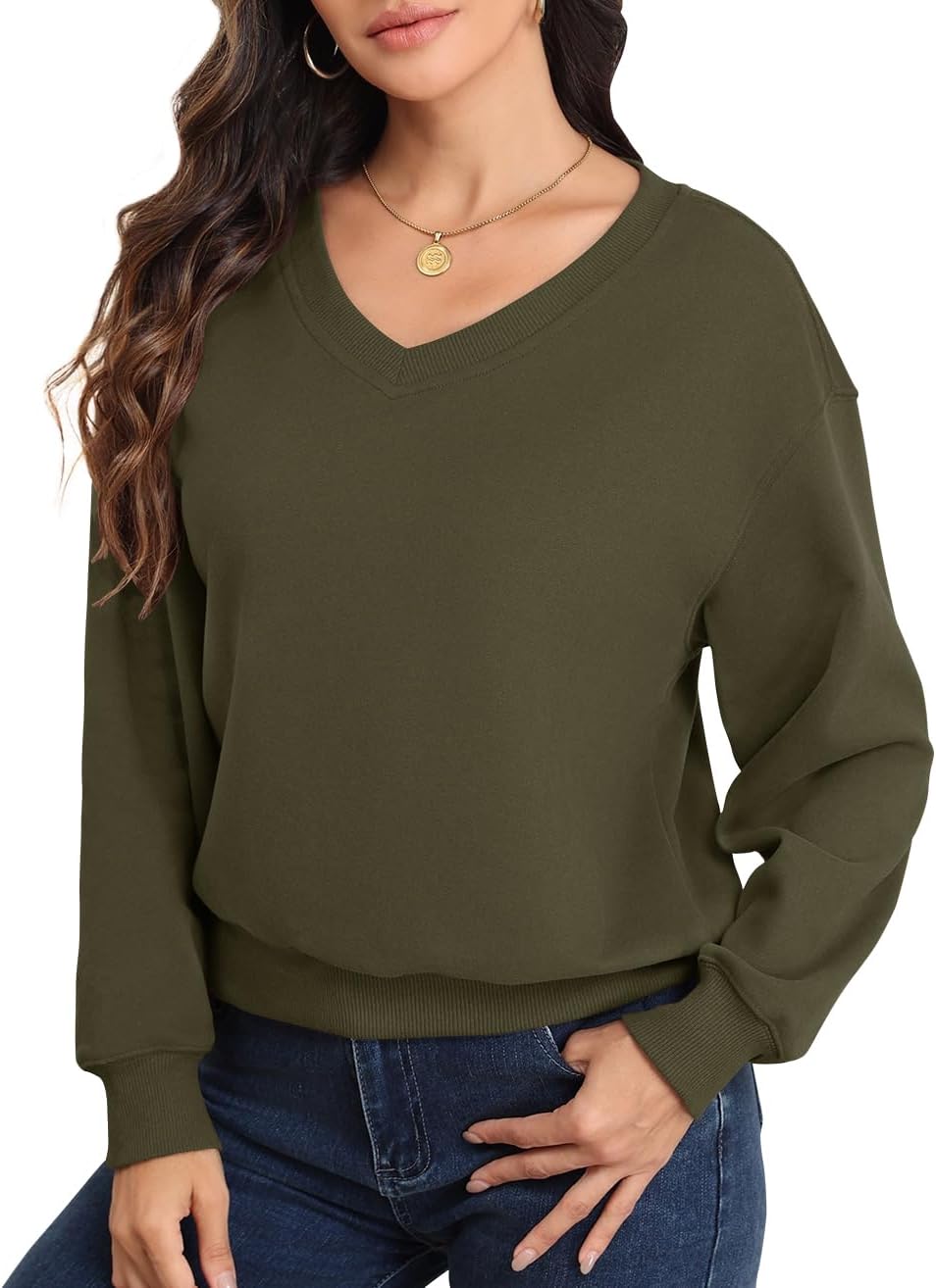 Smile Fish Women V Neck Long Sleeve Sweatshirt Casual Relaxed Cropped Pullover Fleece Lined Warm Tops