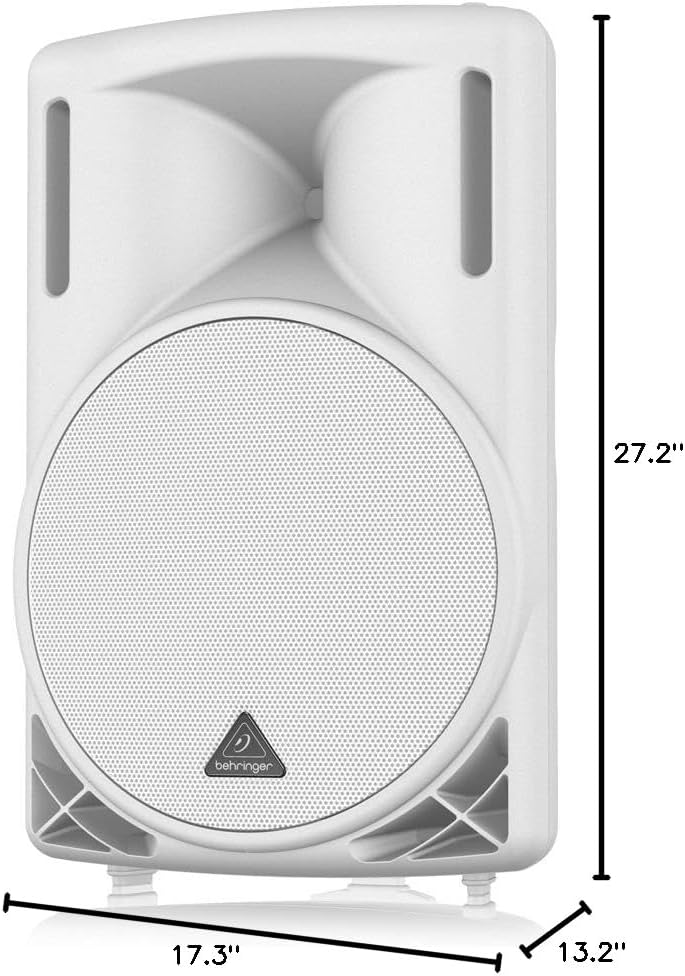 Behringer Eurolive B215D-WH speaker with dimensions labeled: 27.2 inches height, 17.3 inches width, 13.2 inches depth.
