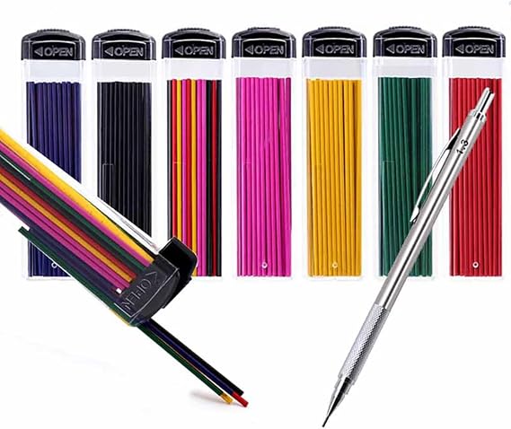 MROOFUL 2Pcs 1.3mm Mechanical Pencil 210 Pcs Colored Mechanical Pencil Lead 6 Color 7 Boxes Refills Auto Pencil Leads Black Blue Red Yellow Pink Green Art Drawing Writing Marking Tool for Office DIY