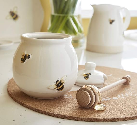 Cooksmart Bumble Bee Ceramic Honey Pot and Drizzler | British Designed Honey Jar With Honey Dipper | Honey Jars For All Types of Homes or Restaurants