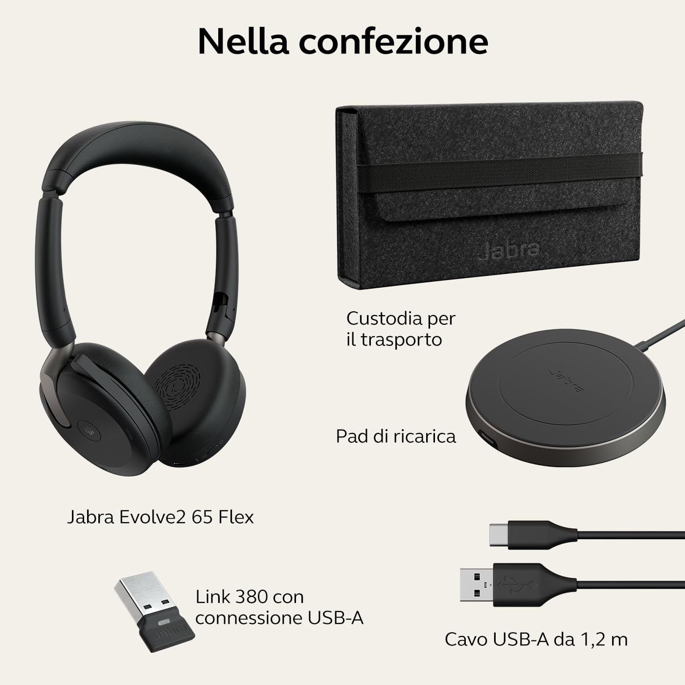Jabra Evolve2 65 Flex - Cuffie Stereo Bluetooth, Ottimizzato per Microsoft Teams, USB-A dongle, Caricatore Wireless Incluso, Evolve2 65 Flex