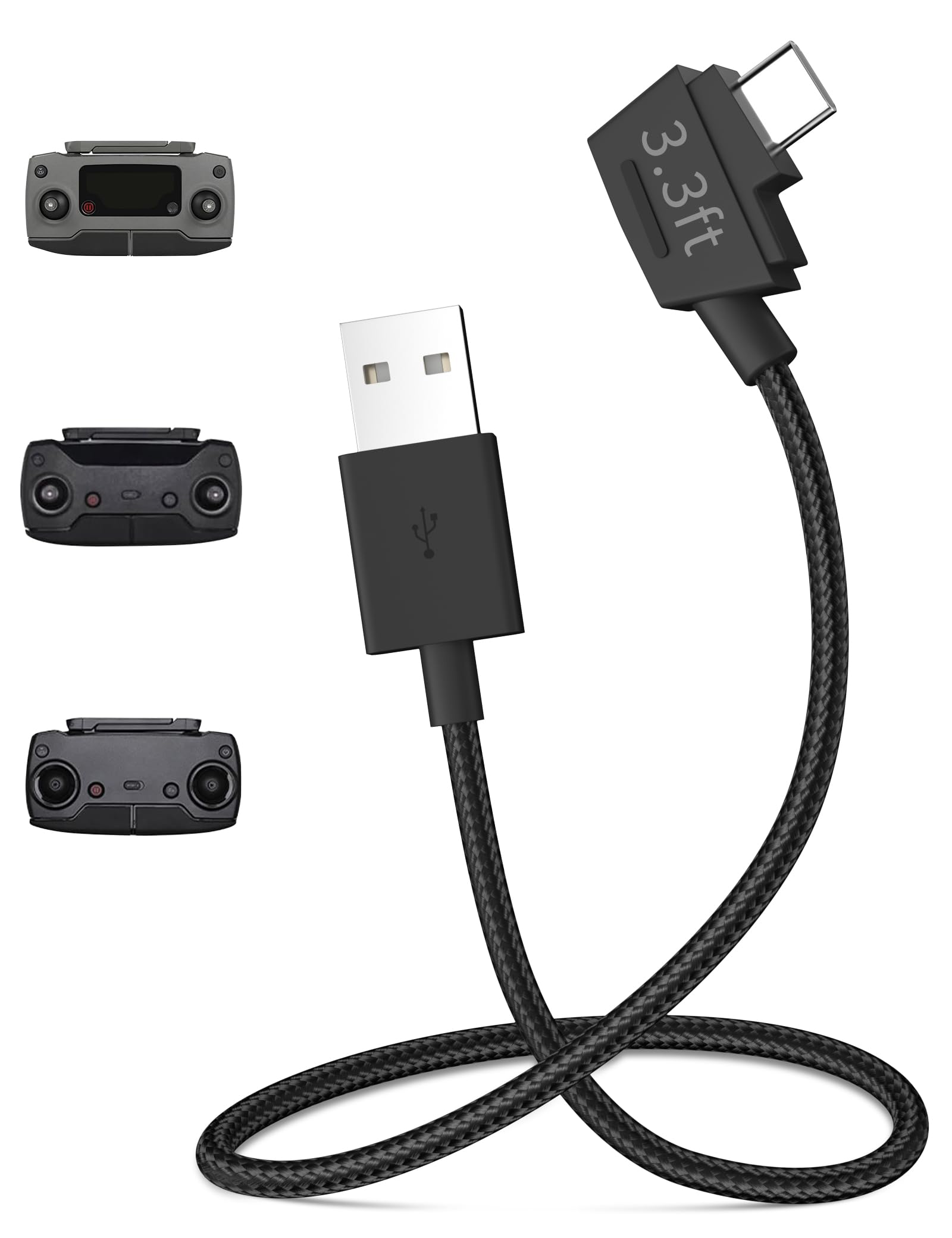 1 m USB A auf USB C Fernbedienungskabel für DJI Mavic 2 Pro Zoom, Mini, SE, Air, Spark Drohne, 90 ° rechtwinkliges Nylon-geflochtenes Ladekabel für DJI Drohnen-Controller, nur Strom, Schwarz