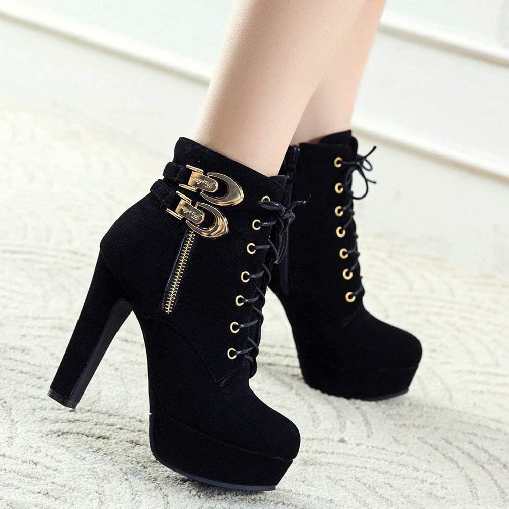 Bellirala Womens Platform Lace Up Biker Boots Chunky High Heel Booties Buckle