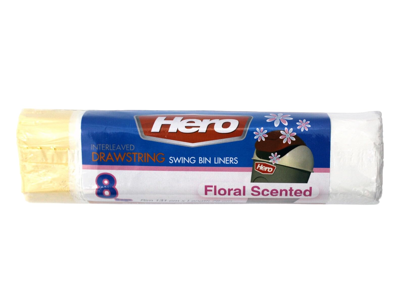Hero White 60L Bin Liner Bags Floral Scented Drawstring – Strong Tear Resistant Refuse Sacks, Easy Dispense Roll Of 8, Recycled Plastic – For Home, Office & Commercial Use