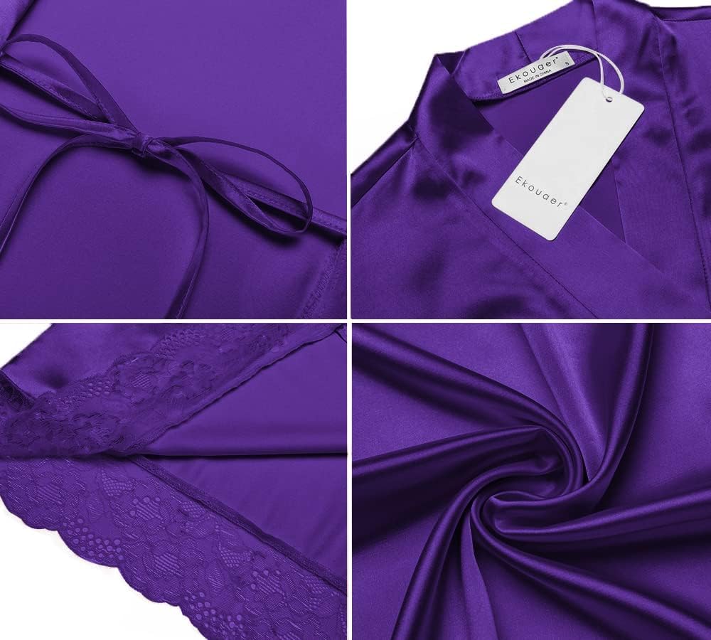 Ekouaer Satin Robes for Women Lace Trim Silk Robe 3/4 Sleeve Kimono Bathrobe Bride Bridesmaid Wedding Party Sleepwear S-XXL - Image 5