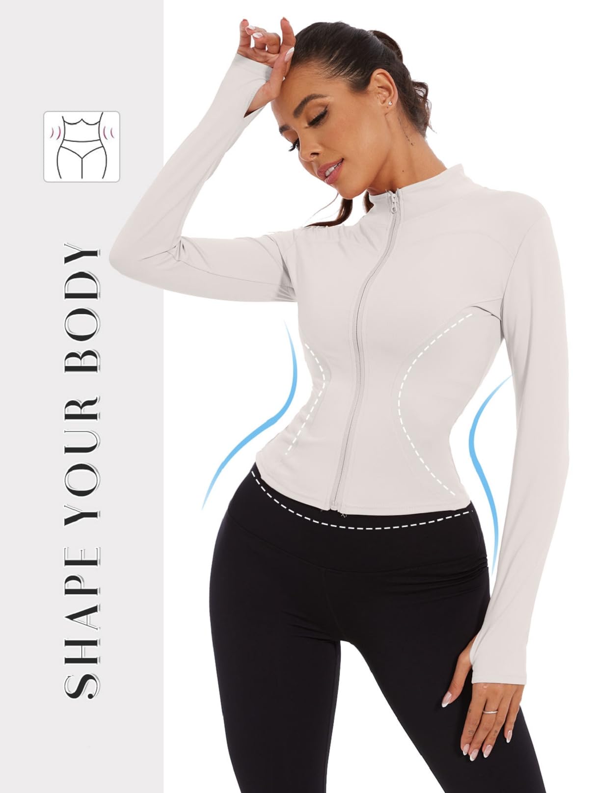 Yutdeng Chaqueta Running Mujer Sudadera con Cremallera Chaqueta Deportiva Manga Larga Secado Rápido Transpirable Ropa Deportiva Mujer Tops Correr Gym Yoga con Agujeros para Pulgar,Blanco,S
