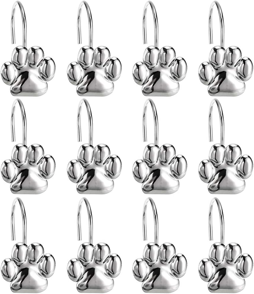 JUXYES Pack of 12 Cat Paw Print Decorative Shower Curtain Hook, Footprints Roller Glide Shower Curtain Hooks Polished Chrome Shower Rings for Bathroom Shower Curtain Rod