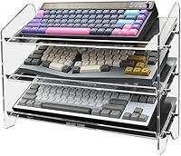 Vista 8 de Bright Stone Soporte de exhibición de teclado acrílico, estante de almacenamiento de teclado mecánico, organizador de acrílico multicapa, soporte