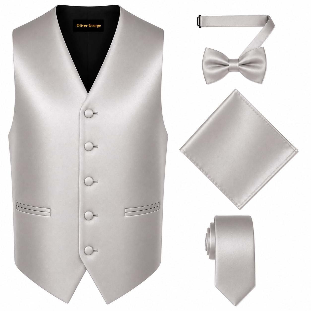 Oliver George 4pc Men's Solid Formal Suit Waistcoat Tuxedo Dress Vest Necktie Bowtie Handkerchief Set for Suit or Tuxedo