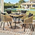 YITAHOME 5-Piece Outdoor Dining Set with Umbralle Hole, Rattan Patio Dining Set for 4 with Cup Holders Soft Cushions and Glass Top Dining Table for Patio, Backyard, Garden, Bacony, Light Brown & Black