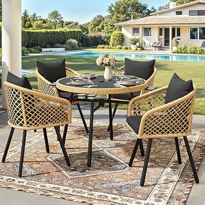 YITAHOME 5-Piece Outdoor Dining Set with Umbralle Hole, Rattan Patio Dining Set for 4 with Cup Holders Soft Cushions and Glass Top Dining Table for Patio, Backyard, Garden, Bacony, Light Brown & Black