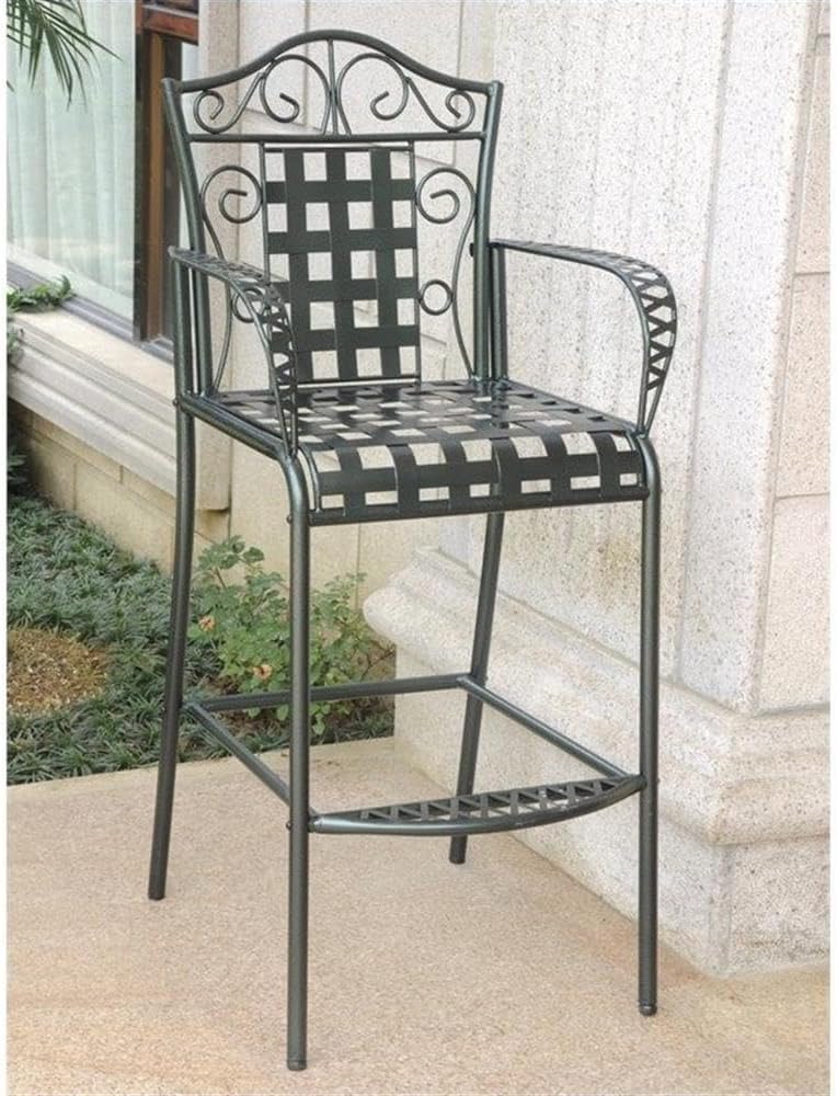 Pemberly Row 30" Patio Bar Stool Set, Powder Coated Iron, Antique Black Finish, 2-Pack, Water Resistant, UV Protected, High Back, Deep Seat, Armrest, Footrest, Outdoor or Indoor Bar Seating